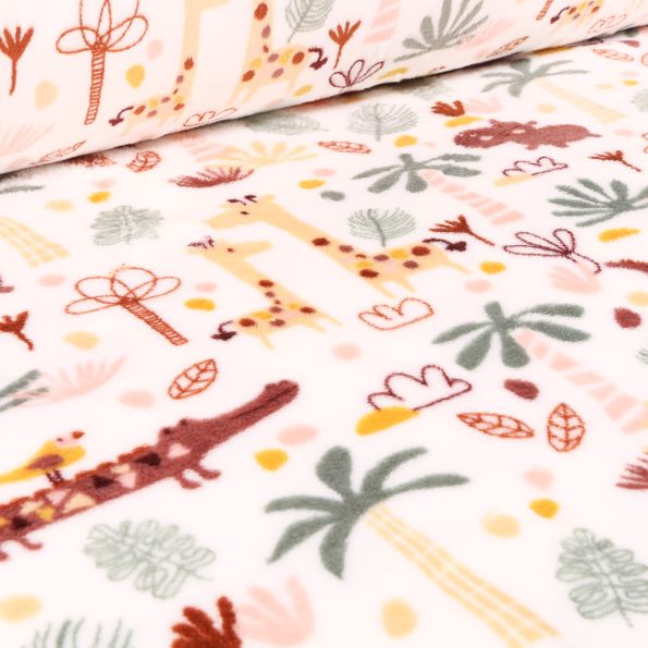 Tissu Doudou Jungle sur fond Blanc - Par 10 cm