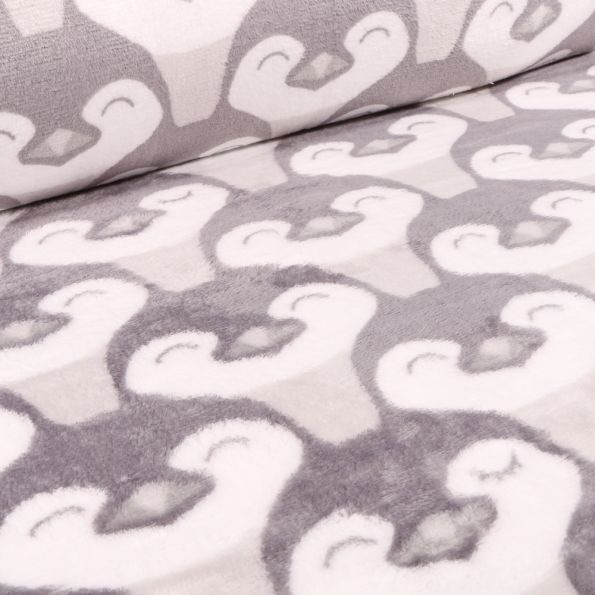 Tissu Doudou Pingouin sur fond Gris - Par 10 cm