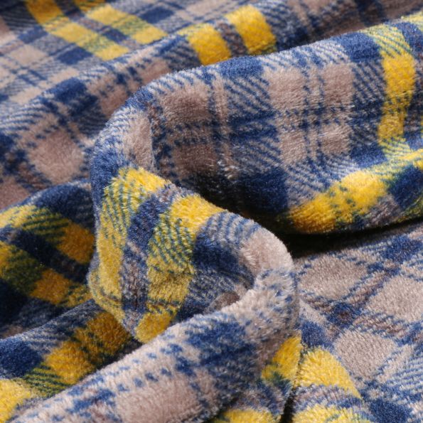 Tissu Doudou Carreaux bleus sur fond Gris - Par 10 cm