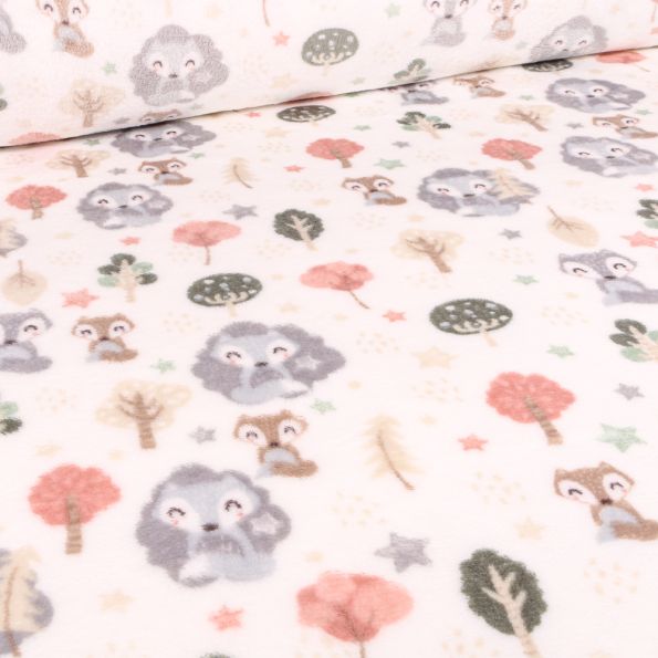 Tissu Doudou Animaux de la foret sur fond Blanc - Par 10 cm