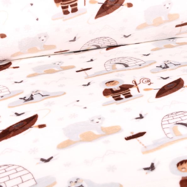 Tissu Doudou Igloo pôle nord sur fond Blanc - Par 10 cm