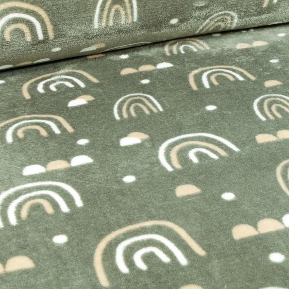 Tissu Doudou Arc en ciel sur fond Vert amande - Par 10 cm