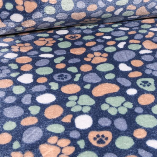 Tissu Doudou Pattes de chiens et galtes sur fond Bleu nuit - Par 10 cm