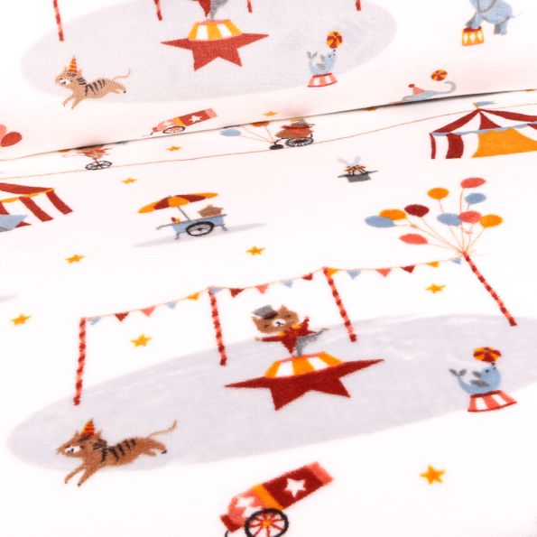 Tissu Doudou Circus sur fond Blanc - Par 10 cm