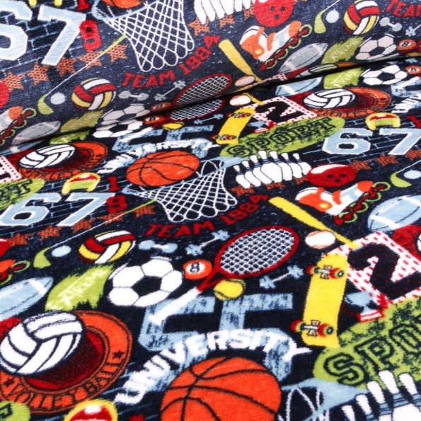 Tissu Doudou Sports divers sur fond Bleu marine - Par 10 cm