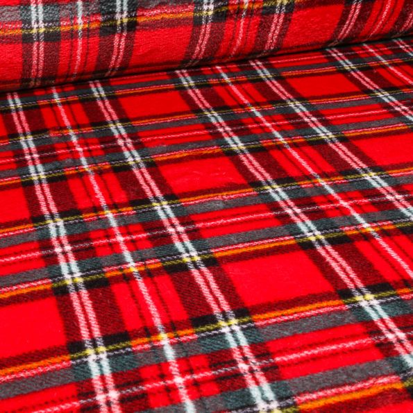 Tissu Doudou Carreaux Ecossais sur fond Rouge - Par 10 cm