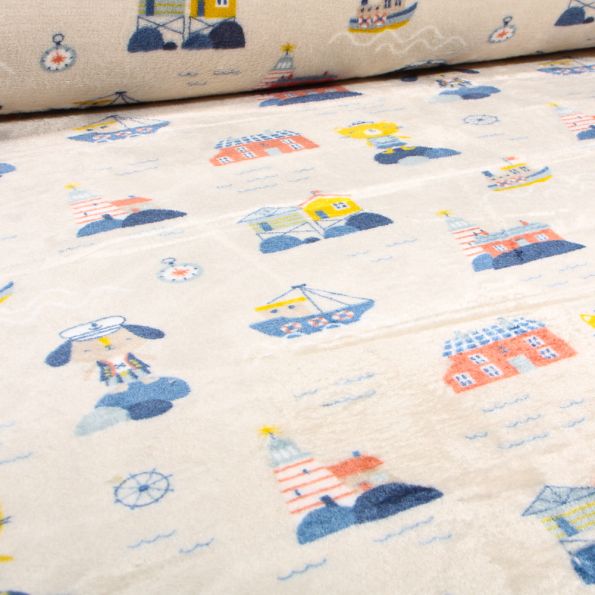 Tissu Doudou Village marins sur fond Blanc cassé - Par 10 cm