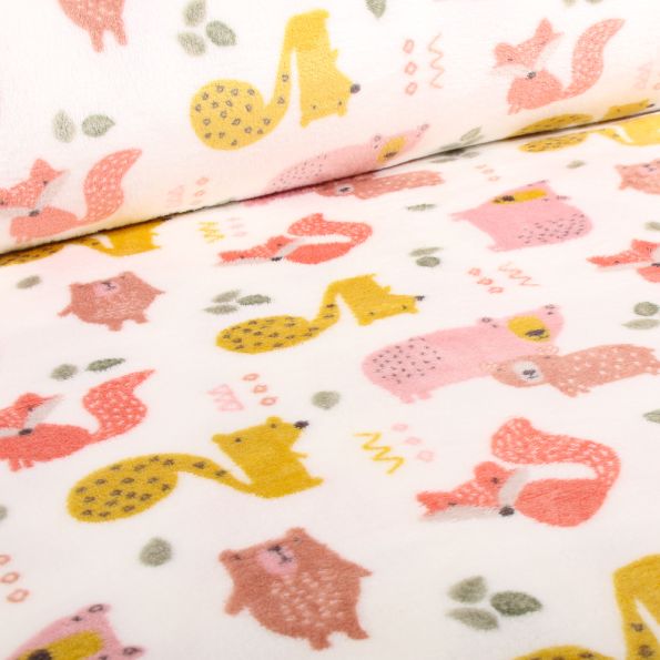 Tissu Doudou Forest friends sur fond Blanc - Par 10 cm