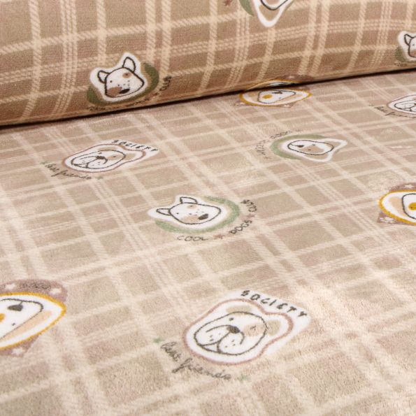 Tissu Doudou Dog écossais sur fond Beige - Par 10 cm