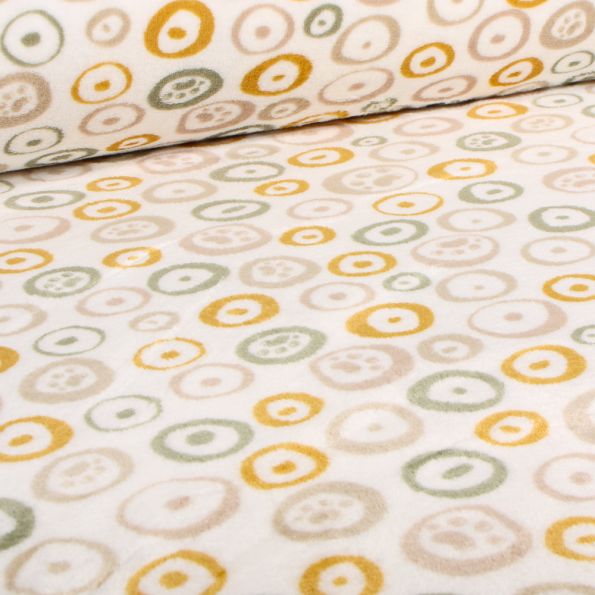 Tissu Doudou Pattes de chiens et cercles sur fond Ecru - Par 10 cm