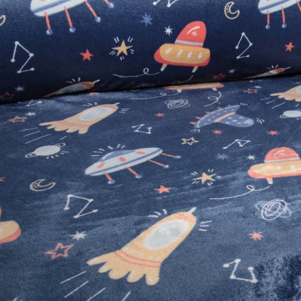 Tissu Doudou Astro space sur fond Bleu marine - Par 10 cm