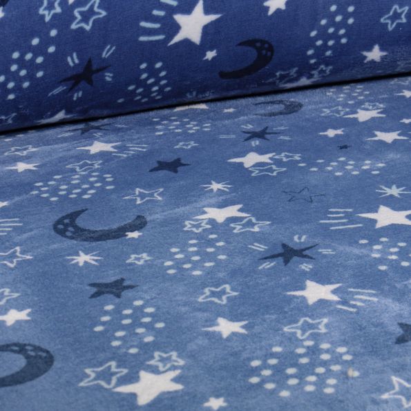 Tissu Doudou Etoiles et lunes sur fond Bleu denim - Par 10 cm
