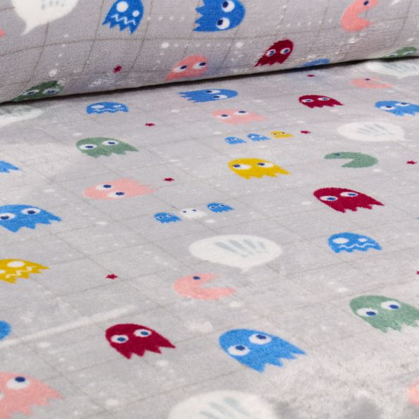 Tissu Doudou Pac man sur fond Gris - Par 10 cm