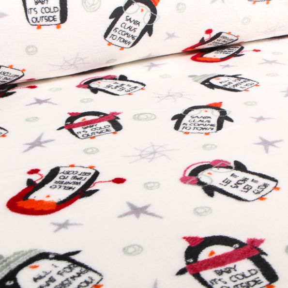 Tissu Doudou Pingouins de noël sur fond Blanc - Par 10 cm