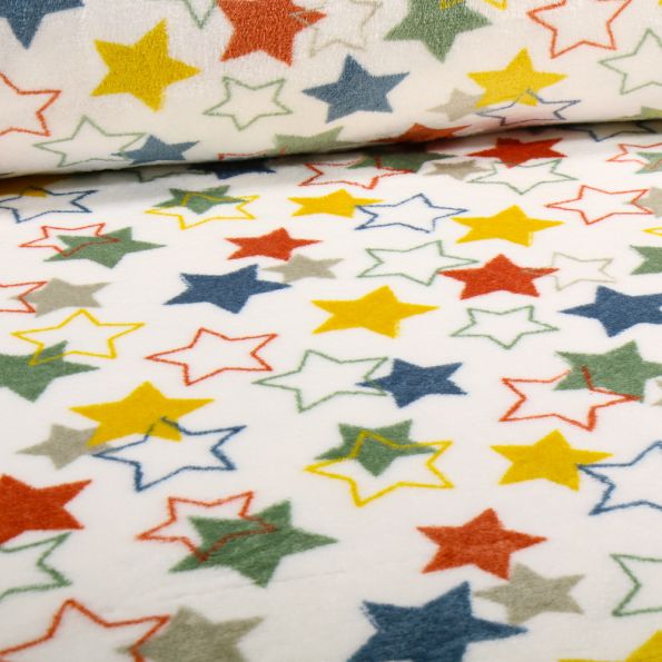 Tissu Doudou Etoiles colorées sur fond Blanc - Par 10 cm