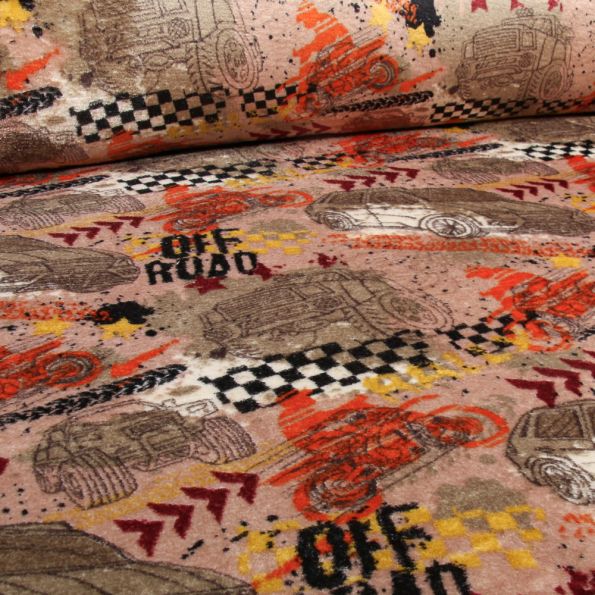 Tissu Doudou Road sensation sur fond Marron clair - Par 10 cm