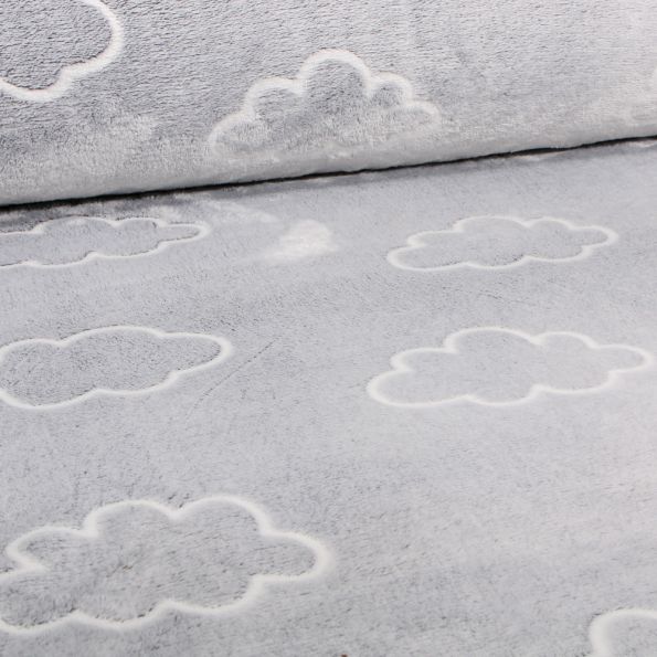 Tissu Doudou Nuages 3D sur fond Gris clair - Par 10 cm