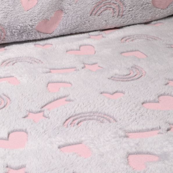 Tissu Doudou imprimé Cœur et étoiles sur fond Bleu gris - Par 10 cm