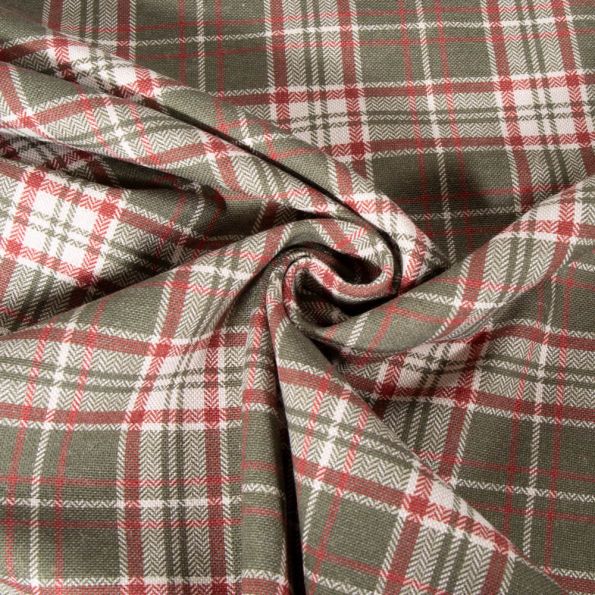 Tissu Toile de Coton aspect Lin Carreaux tartan sur fond Vert kaki - Par 10 cm