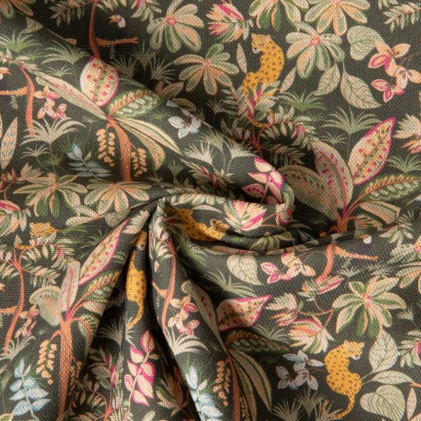 Tissu Toile de Coton aspect Lin Euphoria jungle sur fond Vert kaki - Par 10 cm