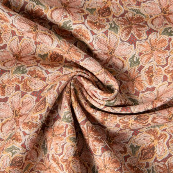 Tissu Toile de Coton aspect Lin Euphoria vintage sur fond Terracotta - Par 10 cm