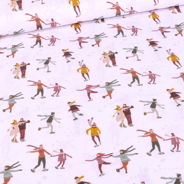 Tissu Coton imprimé Bio Patinages sur fond Blanc - Par 10 cm