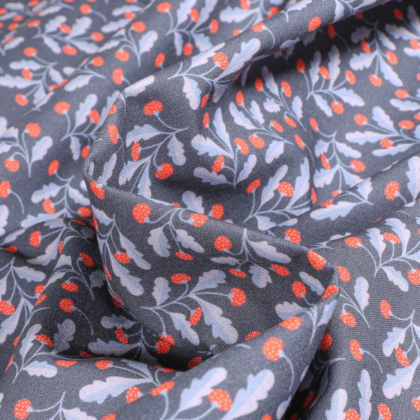 Tissu Coton imprimé MC Fabrics Fraisiers sur fond Bleu marine - Par 10 cm