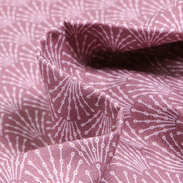 Tissu Coton imprimé Bio Eventails sur fond Vieux rose - Par 10 cm