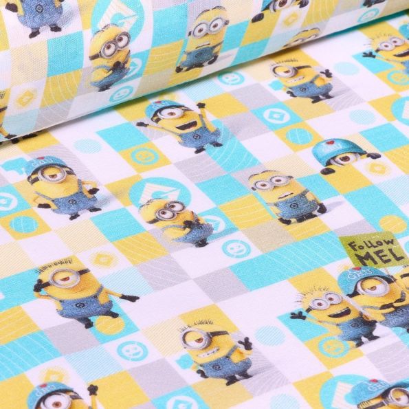 Tissu Coton imprimé sous licence Bio Les Minions quadrillés sur fond Blanc - Par 10 cm
