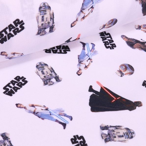 Tissu Coton imprimé sous licence Bio Star Wars Héros sur fond Blanc - Par 10 cm