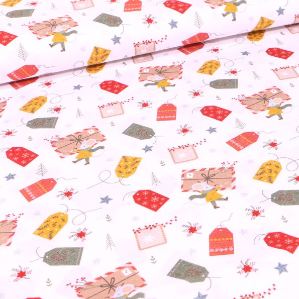 Tissu Coton imprimé Bio Enveloppes de noël sur fond Blanc - Par 10 cm