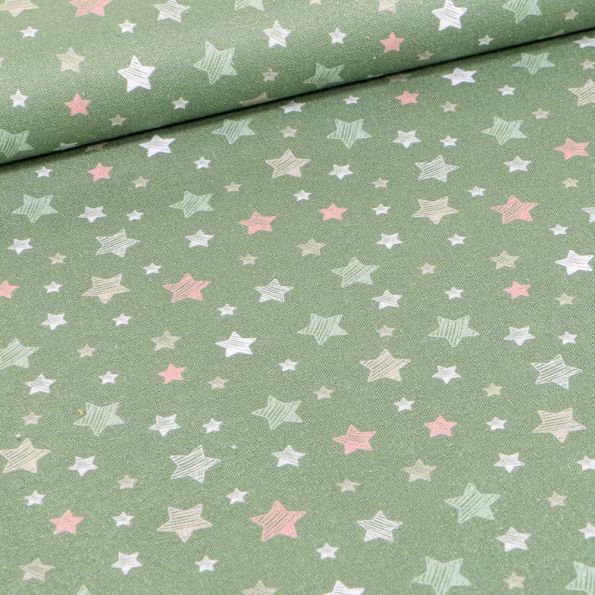 Tissu Coton imprimé Bio Etoiles pastels sur fond Vert amande - Par 10 cm