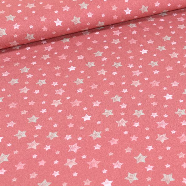 Tissu Coton imprimé Bio Etoiles pastels sur fond Vieux rose - Par 10 cm