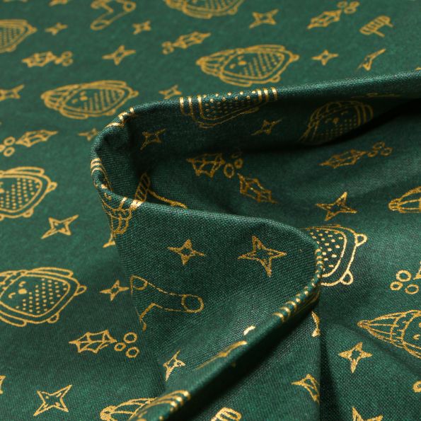 Tissu Coton imprimé Bio Pingouins dorés sur fond Vert foncé - Par 10 cm