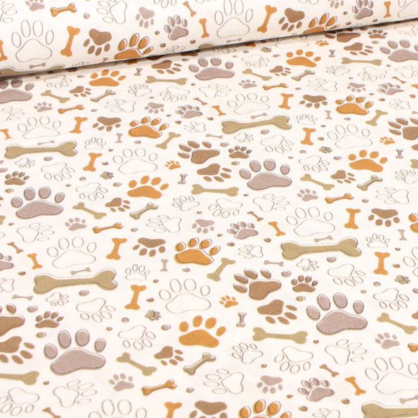 Tissu Coton imprimé Bio Os doggy sur fond Blanc cassé - Par 10 cm