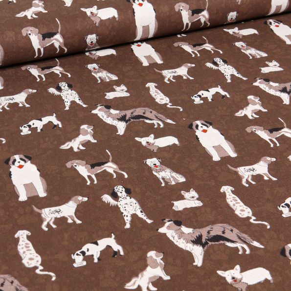 Tissu Coton imprimé Bio Chiens de race sur fond Marron - Par 10 cm