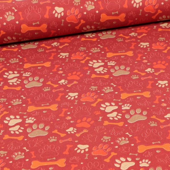 Tissu Coton imprimé Bio Os doggy sur fond Rouge - Par 10 cm