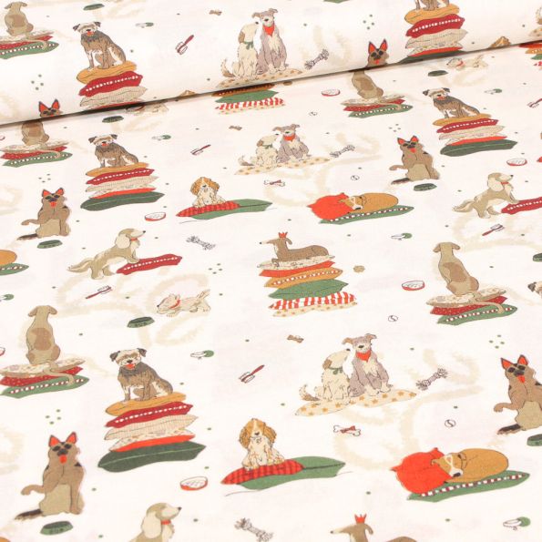 Tissu Coton imprimé Bio Sieste Doggy sur fond Ecru - Par 10 cm