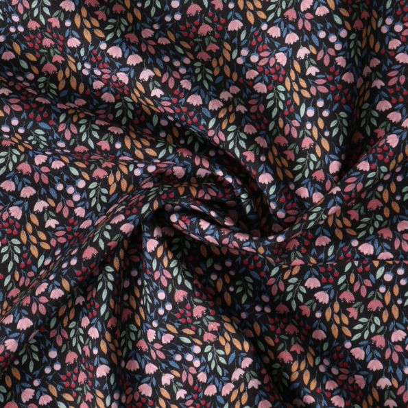 Tissu Popeline de Coton Mélusine motif floral multicolore sur fond Noir - Par 10 cm