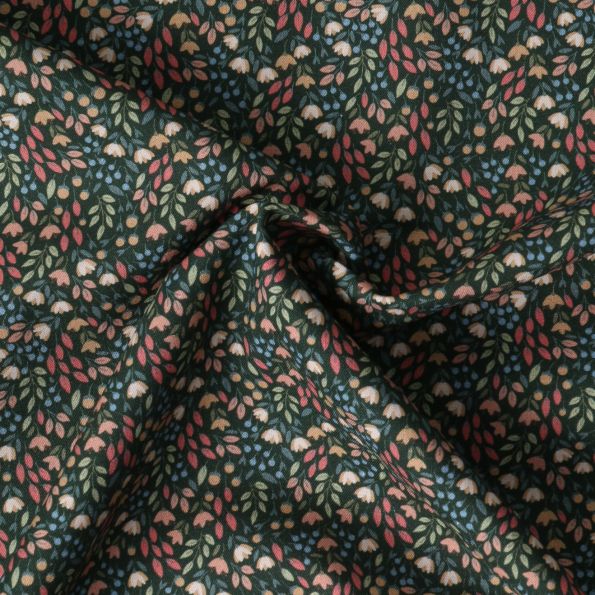 Tissu Popeline de Coton  Mélusine motif floral multicolore sur fond Vert - Par 10 cm