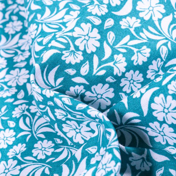 Tissu Coton MC Fabrics Garden sur fond Bleu pétrole - Par 10 cm