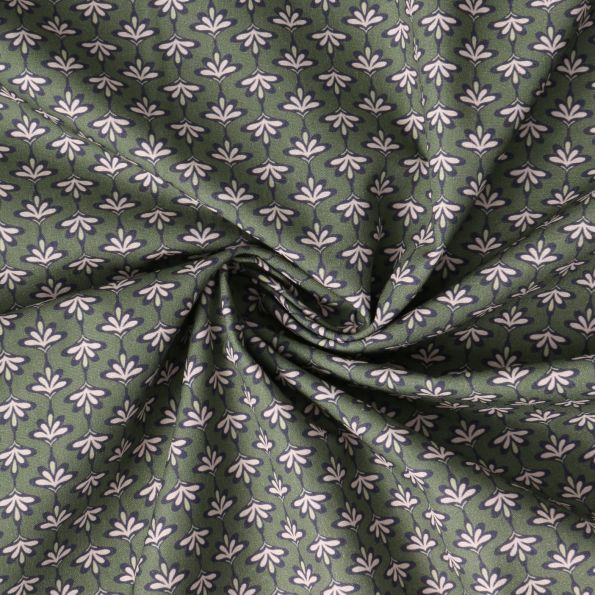 Tissu Popeline de Coton  Cléa fleurs vintages sur fond Vert olive - Par 10 cm
