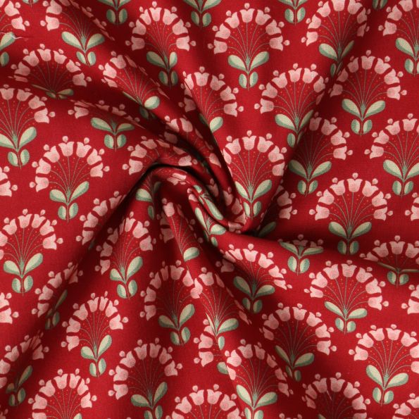 Tissu Popeline de Coton  Cléa fleurs vintages sur fond Rouge - Par 10 cm