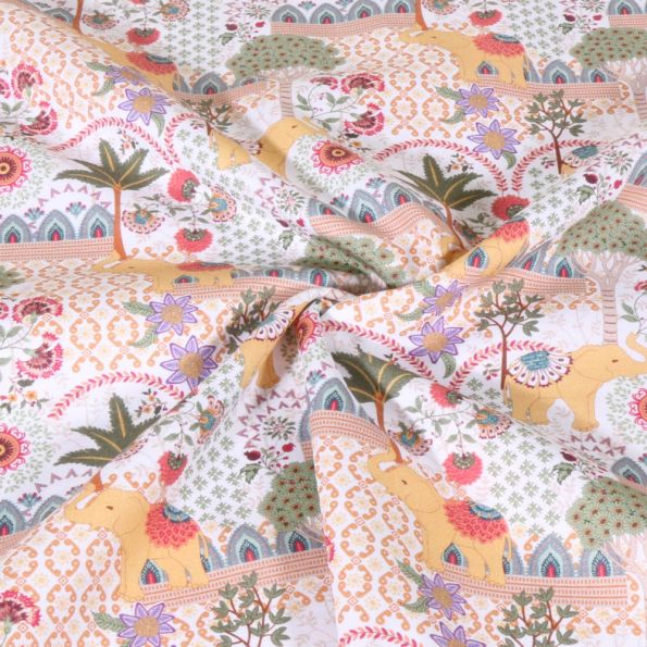 Tissu Popeline de Coton imprimé Eléphants ornés indien Goa sur fond Blanc - Par 10 cm