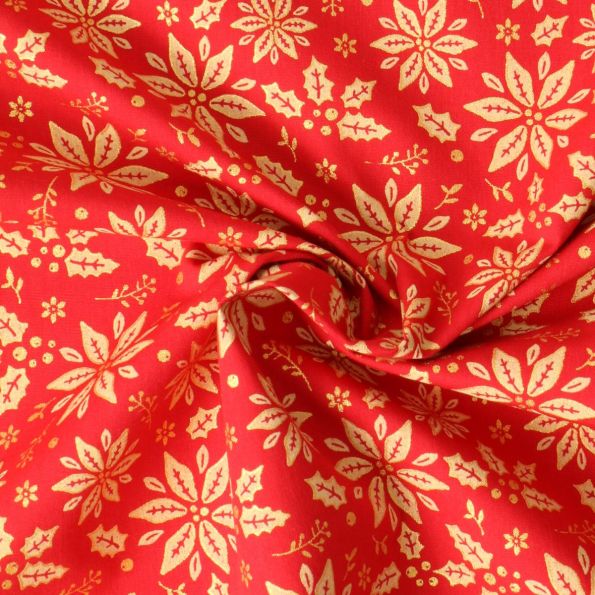 Tissu Coton imprimé Flocons dorés de noël sur fond Rouge - Par 10 cm