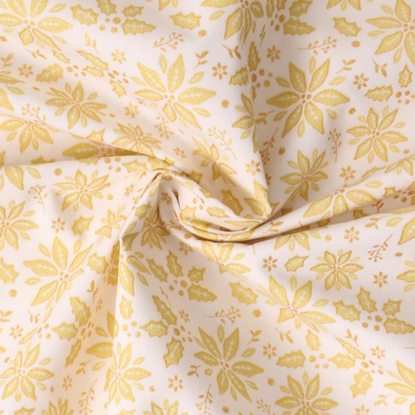 Tissu Coton imprimé Flocons dorés de noël sur fond Ecru - Par 10 cm
