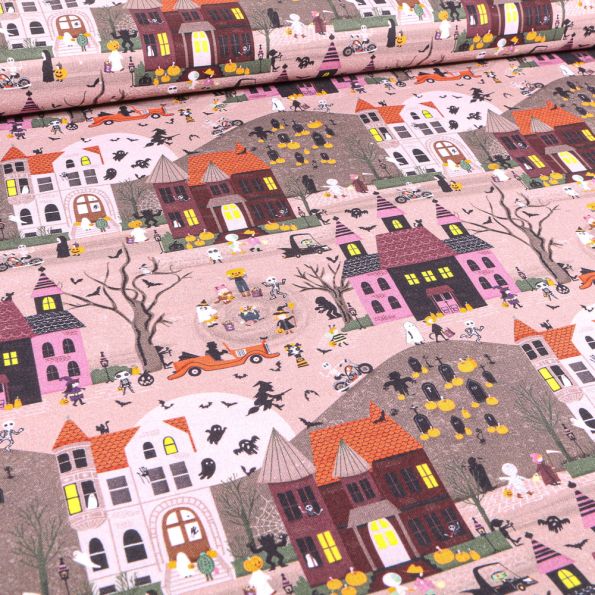 Tissu Coton imprimé Bio Villes décoration d'halloween sur fond Rose - Par 10 cm
