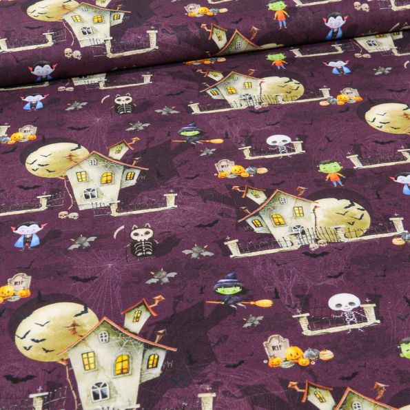 Tissu Coton imprimé Bio Nuit d'halloween sur fond Violine - Par 10 cm