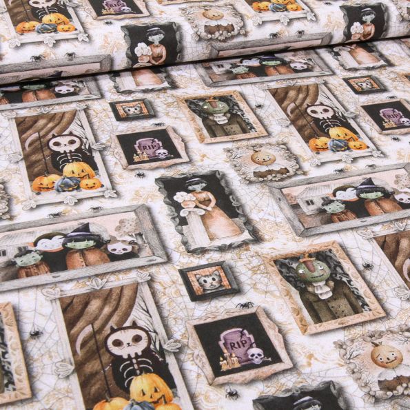 Tissu Coton imprimé Bio Family Halloween sur fond Ecru - Par 10 cm