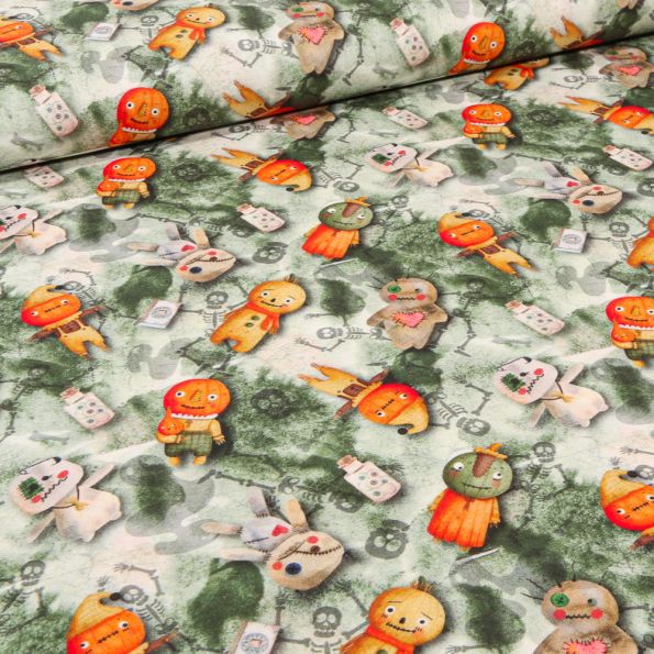 Tissu Coton imprimé Bio Citrouille Halloween sur fond Vert - Par 10 cm